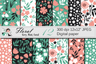 Seamless Floral Digital Paper - Gray Mint Coral Patterns: Creative Uses for Every Project